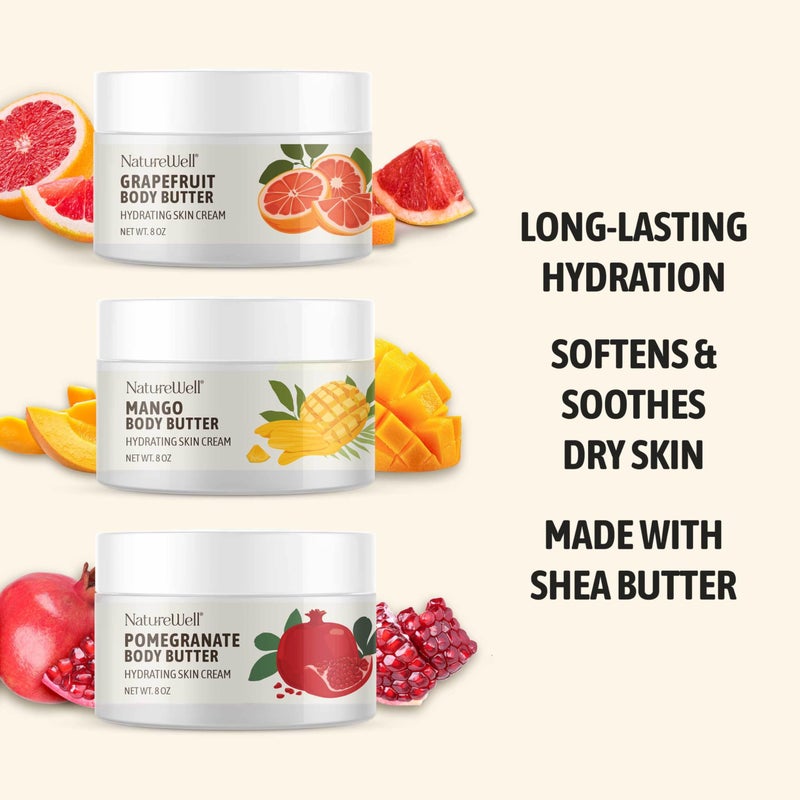 NATURE WELL Shea Body Butter Variety Pack, Includes Grapefruit, Mango, & Pomegranate, Provides Ultimate Nourishment & Hydration, 3 Pack (8 Oz Ea) - Image 3