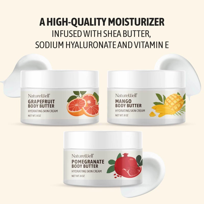 NATURE WELL Shea Body Butter Variety Pack, Includes Grapefruit, Mango, & Pomegranate, Provides Ultimate Nourishment & Hydration, 3 Pack (8 Oz Ea) - Image 4