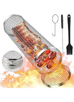 Generic Upgrade Stainless Steel BBQ Grill Mesh Basket for Outdoor Cooking, Leak-proof Round Grill Net Tube for Fish, Vegetables, and Fries - Large Size for Camping and Picnic Cookware  - Image 1