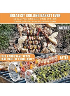 Generic Upgrade Stainless Steel BBQ Grill Mesh Basket for Outdoor Cooking, Leak-proof Round Grill Net Tube for Fish, Vegetables, and Fries - Large Size for Camping and Picnic Cookware  - Image 2