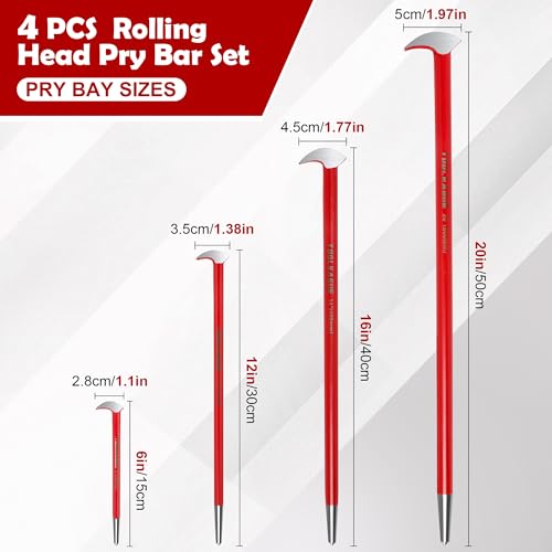TOOLEAGUE 4Pcs Rolling Head Pry Bar Set,6",12",16",20" Heavy Duty Pry Bars Hand Tool for Garages,Machinery Aligning & Prying, Red - Image 3