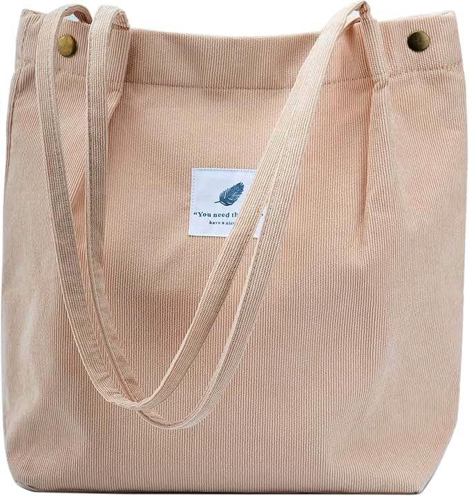 Lyrovo Women Corduroy Shoulder Tote Bag for Work Beach Travel and Shopping Grocery (Brown) - Image 1