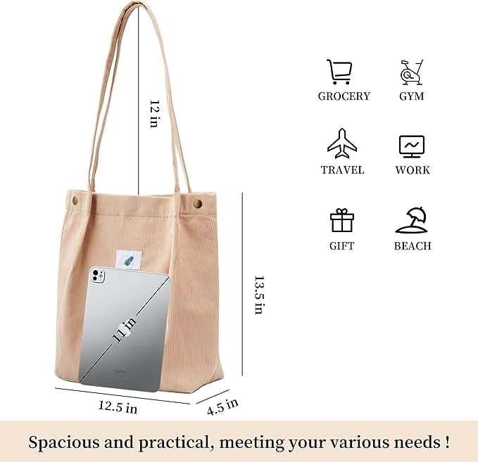 Lyrovo Women Corduroy Shoulder Tote Bag for Work Beach Travel and Shopping Grocery (Brown) - Image 5
