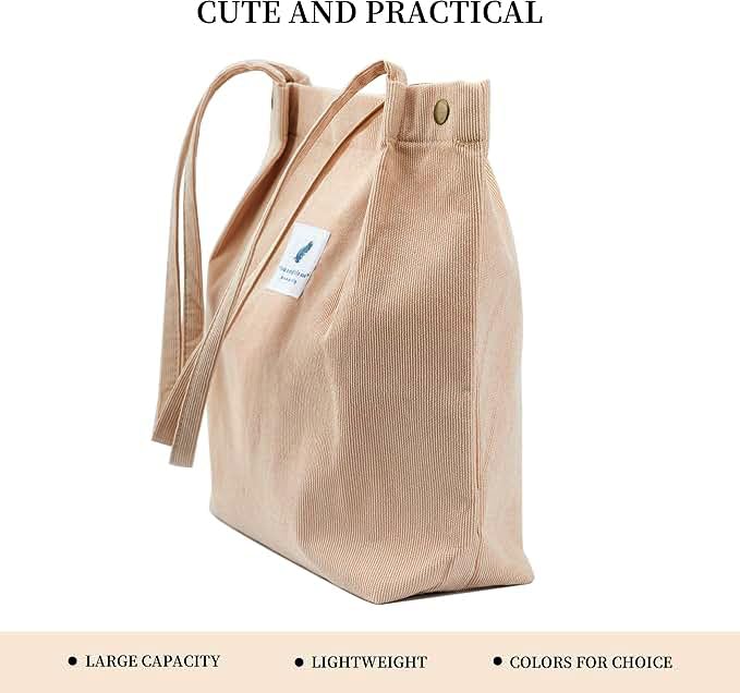 Lyrovo Women Corduroy Shoulder Tote Bag for Work Beach Travel and Shopping Grocery (Brown) - Image 2