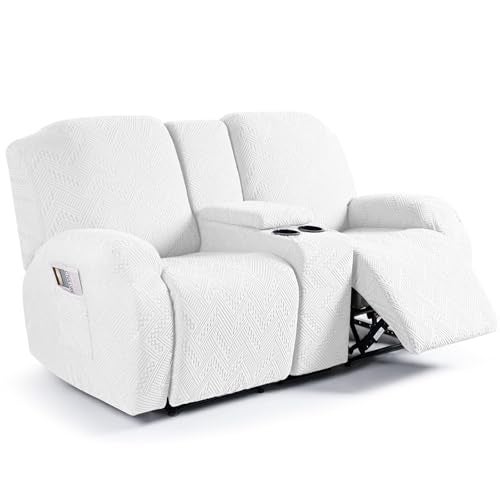 Ruaozz Stretch Loveseat Recliner Covers with Console 4-Pieces Recliner Sofa Covers with Pockets Jacquard Reclining Couch Covers Furniture Protector with Elastic Straps Bottom (2 Seater, Ivory) - Image 1