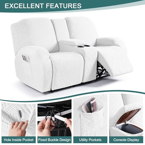 Ruaozz Stretch Loveseat Recliner Covers with Console 4-Pieces Recliner Sofa Covers with Pockets Jacquard Reclining Couch Covers Furniture Protector with Elastic Straps Bottom (2 Seater, Ivory) - Image 5