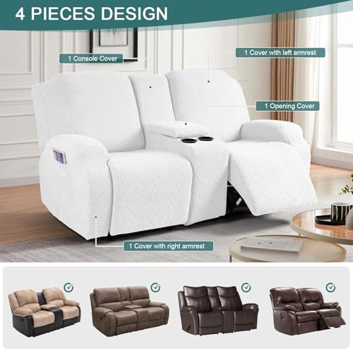 Ruaozz Stretch Loveseat Recliner Covers with Console 4-Pieces Recliner Sofa Covers with Pockets Jacquard Reclining Couch Covers Furniture Protector with Elastic Straps Bottom (2 Seater, Ivory) - Image 4