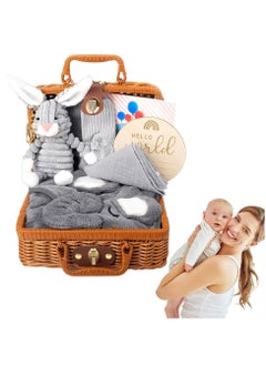 XiuWoo Newborn Gift Basket, Baby Gift Boy Set, 7 in 1 Baby Gift Birth, New Born Baby Gifts, with Baby Triangle Scarf, Plush Toys, Bath Towel, Socks, Cards, Greeting Cards, Grey  - Image 1