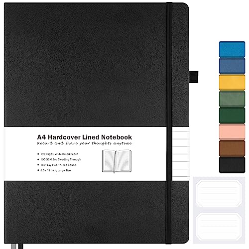 MaleDen Lined Journal Notebook, 8.5" x 11" Hardcover Leather Notebook for Work, Wide Ruled Notebook Journal for Women Men, 192 Thick Paper, Lay Flat, 2 Pockets, A4 Large Journals for Writing, Black Notebook - Image 1