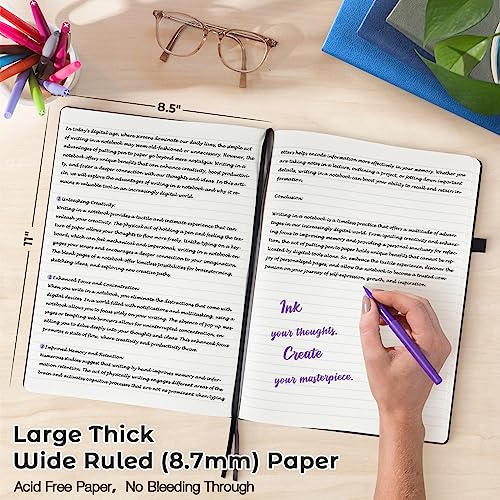 MaleDen Lined Journal Notebook, 8.5" x 11" Hardcover Leather Notebook for Work, Wide Ruled Notebook Journal for Women Men, 192 Thick Paper, Lay Flat, 2 Pockets, A4 Large Journals for Writing, Black Notebook - Image 2