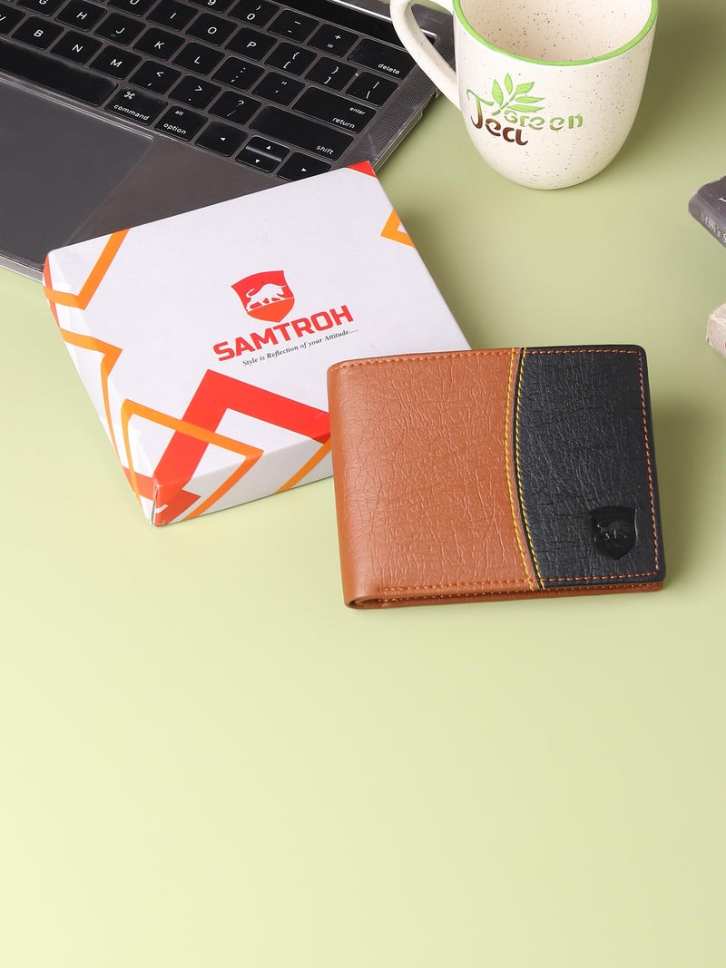 SAMTROH Men's PU Leather Wallet | Bifold Wallet with 2 Card Slots, 6 ID Card Slots, 2 Currency Compartments, Secret Pocket & Zipper Coin Pocket | Stylish Purse for Men and Boys (Tan and Black) - Image 5
