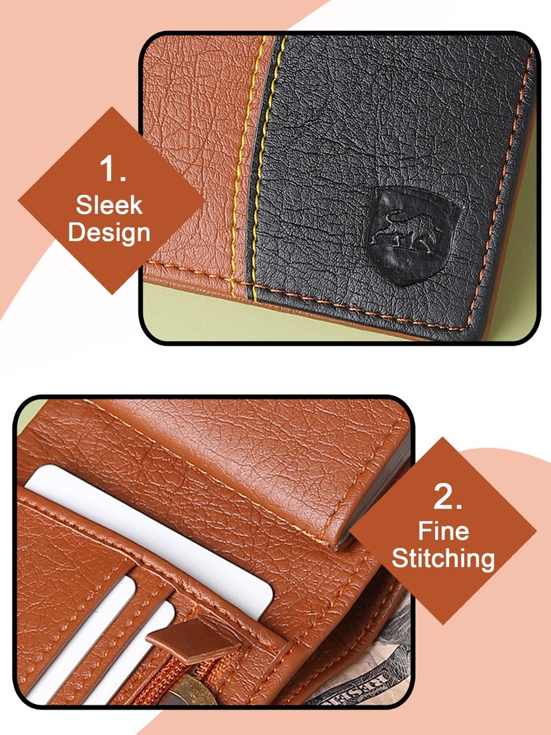 SAMTROH Men's PU Leather Wallet | Bifold Wallet with 2 Card Slots, 6 ID Card Slots, 2 Currency Compartments, Secret Pocket & Zipper Coin Pocket | Stylish Purse for Men and Boys (Tan and Black) - Image 4
