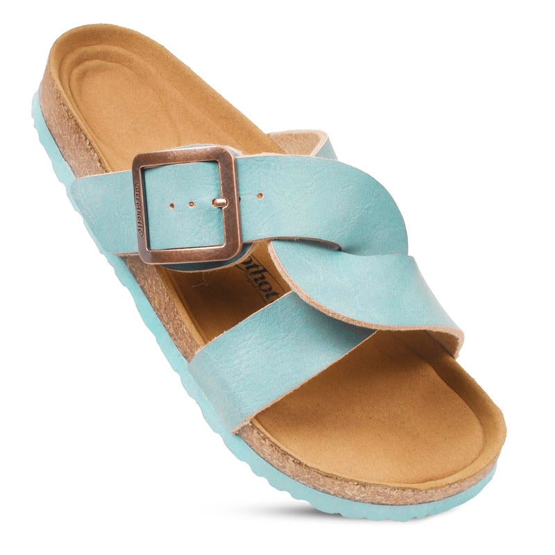 AEROTHOTIC Cork Recovery Slides for Women with Plantar Fasciitis Relief Comfortable Footbed with Adjustable Buckle Cross Strappy Slip on Travel Walking Beach Ladies Sandals (Kai Turquoise, Size 9) - Image 1