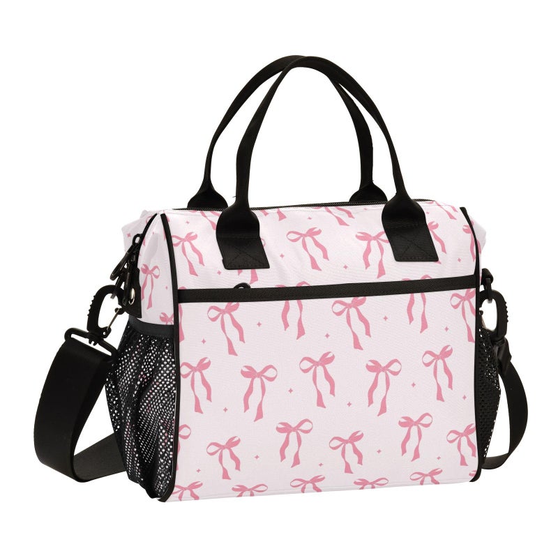 Krafig Cute Pink Ribbon Bow Lunch Bag Reusable Lunch Box for Office Picnic Hiking Beach Insulated Cooler Tote Food Container with Adjustable Shoulder Strap for Men Women Adults