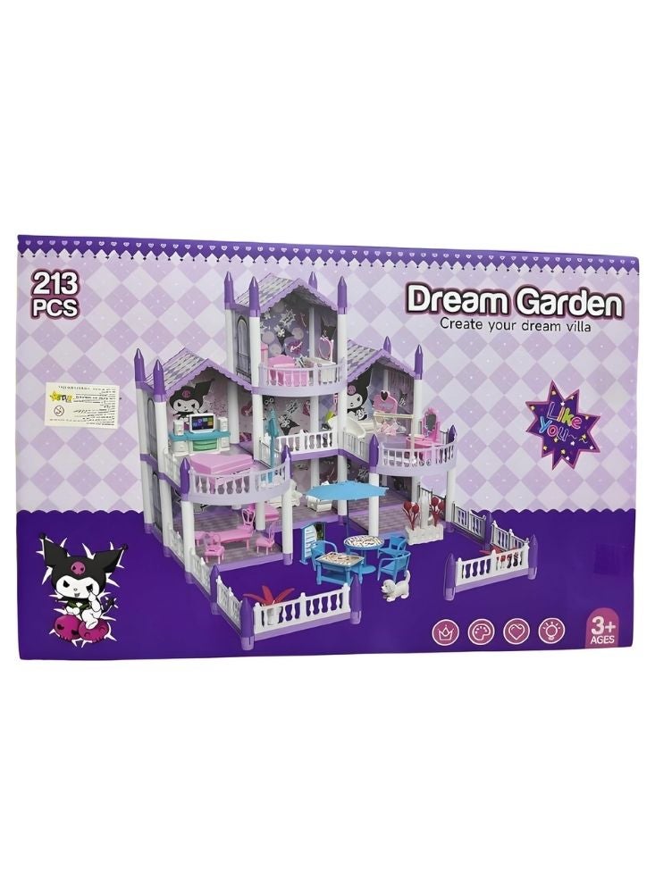 بريميم مجموعة بيت الدمى فيلا أميرة حديقة الأحلام – بيت لعب فاخر متعدد الطوابق مكوّن من مئتين وثلاث عشرة قطعة مع أثاث، لعبة لعب أدوار إبداعية للبنات - Image 1