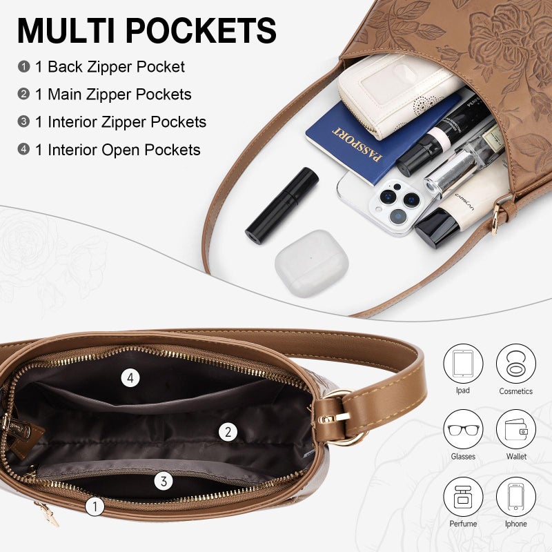 VIMUTI Shoulder Bag for Women Embossed Design Purse for Women Clutch Hobo Handbags Crescent Bag with Adjustable Strap (03-Brown) - Image 5