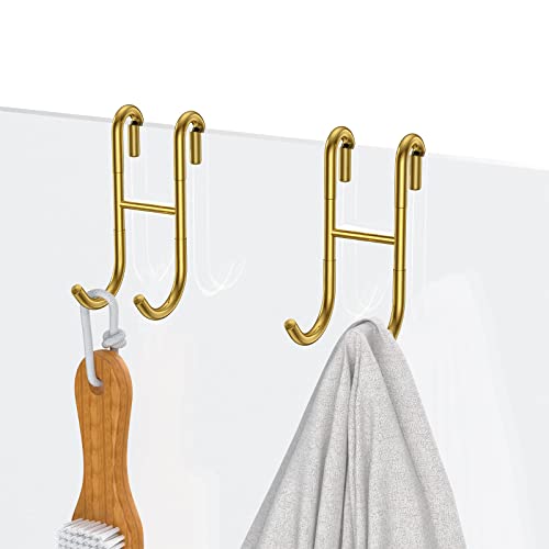 SSTOOHL 304 Stainless Steel Shower Door Hooks, Gold, 2 Pack Over Shower Glass Door Hook, Rack Hooks, Frameless, Bathroom Hanger, Drilling-Free, Glue-Free, Towel Hooks for 0.47inch Thickness Glass - Image 1