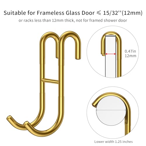 SSTOOHL 304 Stainless Steel Shower Door Hooks, Gold, 2 Pack Over Shower Glass Door Hook, Rack Hooks, Frameless, Bathroom Hanger, Drilling-Free, Glue-Free, Towel Hooks for 0.47inch Thickness Glass - Image 2