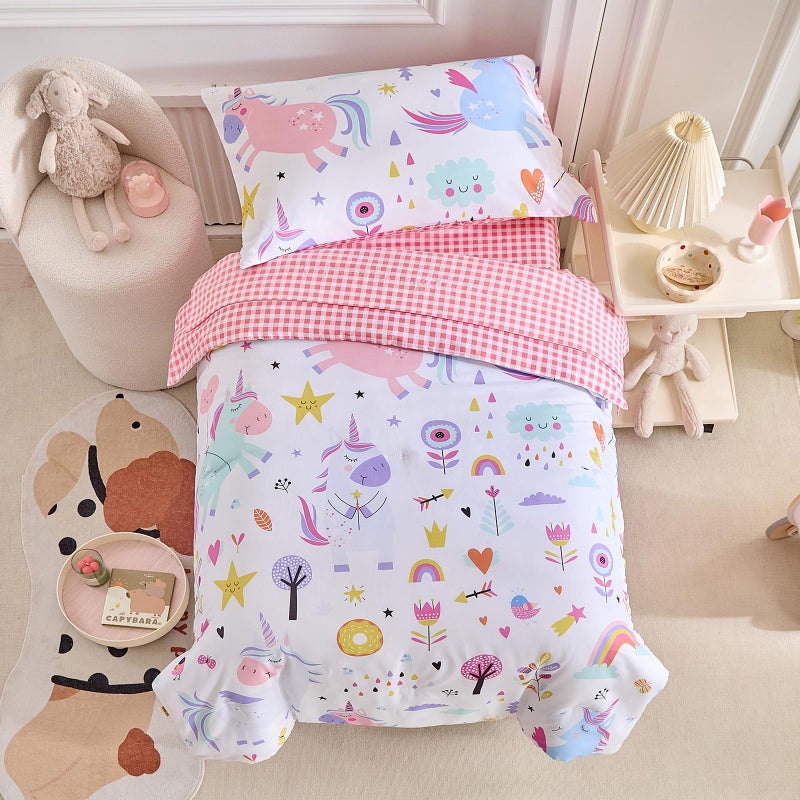 Joyreap 4 Piece Toddler Bedding Set for Girls Pink Blue Colorful Unicorns Design Microfiber Toddler Bedding Comforter Set for All Seasons