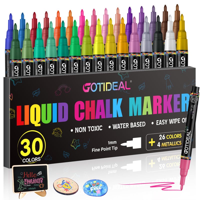 GOTIDEAL Chalk Markers,Fine Tip Liquid Chalk Markers for Blackboard Chalkboard Calendar Glass Neon Pens, Washable Window markers Paint and Drawing for Car, Auto, Bistro,Mirror Wet Erase 30 Colors - Image 1