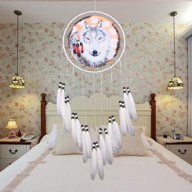 Malicosmile Wolf Dream Catcher, Handmade White Feather Dream Catchers Gift Wall Decoration Dreamcatchers - Image 5