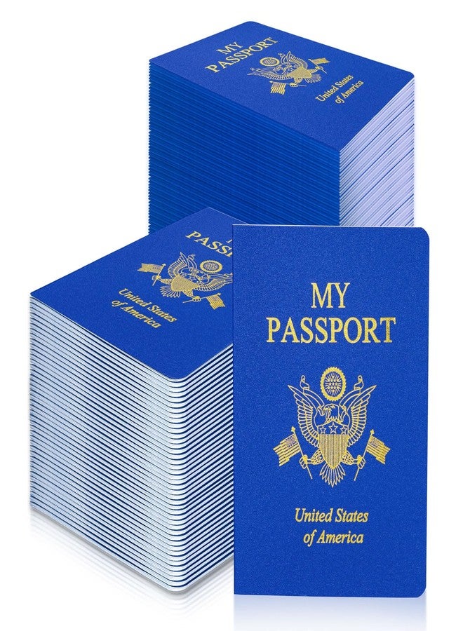 XIISVINT 100 Pcs Blank Passport Notebook Blue Passport Book Fake Passport Travel Journal Sticker Collection Book for Kids School Projects World Travel Pretend Activity Party Favors, 5.51x3.9 Inch - Image 1