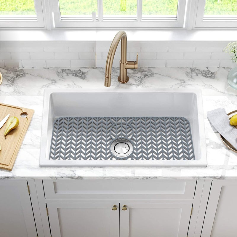 GUUKIN Sink Protectors for Kitchen Mat - 29"x 15.35" Silicone Kitchen Sink Mat Grid for Bottom of Farmhouse Stainless Steel Porcelain with 3 Reserved Holes（Grey） - Image 5