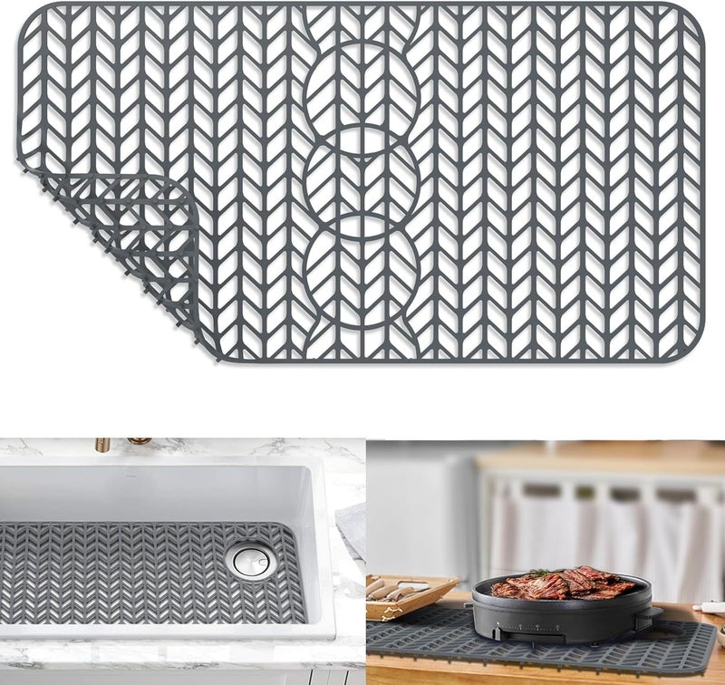 GUUKIN Sink Protectors for Kitchen Mat - 29"x 15.35" Silicone Kitchen Sink Mat Grid for Bottom of Farmhouse Stainless Steel Porcelain with 3 Reserved Holes（Grey） - Image 1