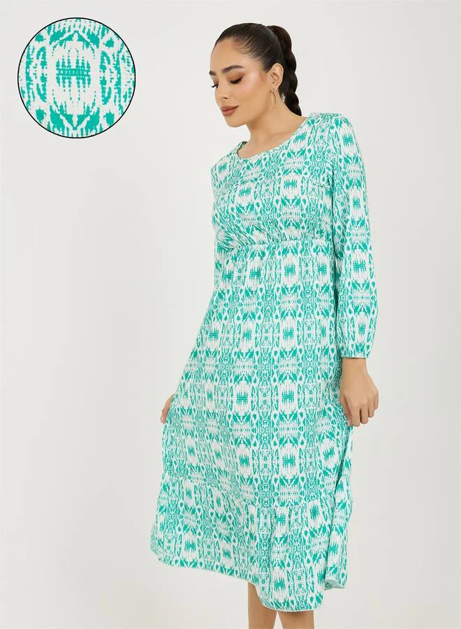 تايك تو Round Neck All Over Print A-Line Midi Dress
