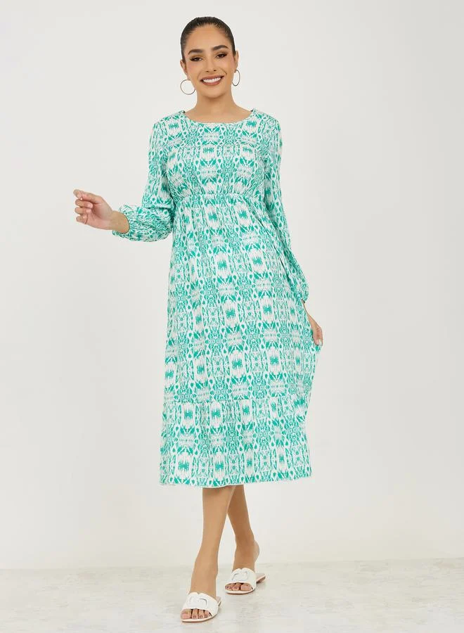 تايك تو Round Neck All Over Print A-Line Midi Dress