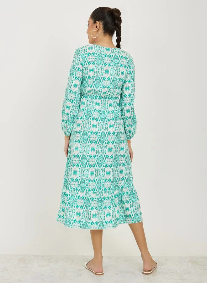 تايك تو Round Neck All Over Print A-Line Midi Dress