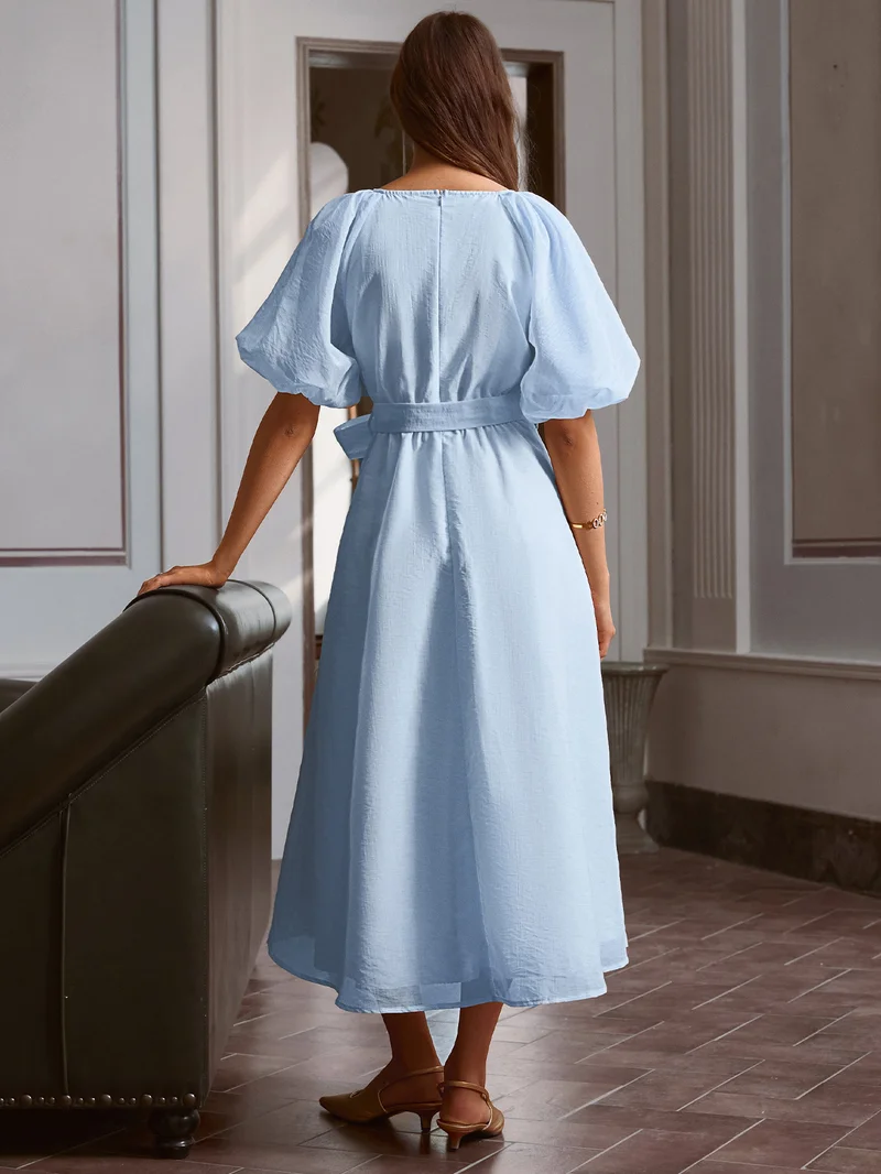Simplee Dress V-Neck Short Puff Sleeve Tie Waist A-Line Light Blue Baby Navy Sky Fashion Summer Trendy Modern