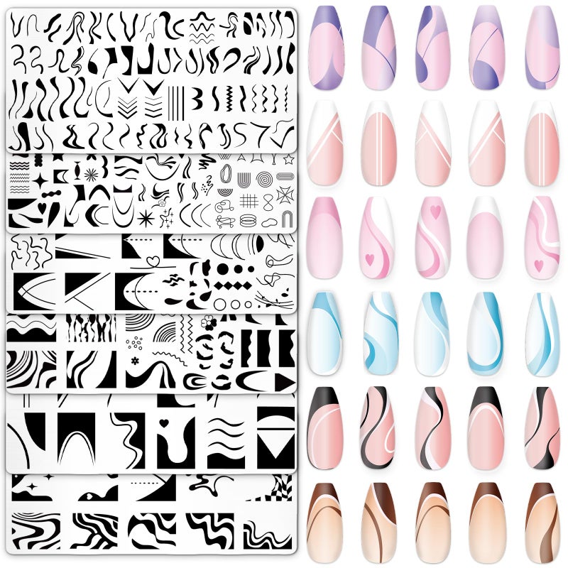 Whaline 6Pcs French Line Nail Plates Stamping Set Minimalism Wave Stripe Stamp Templates Nail Art Plates For DIY Print Manicure Salon Design - Image 1