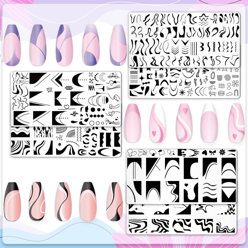 Whaline 6Pcs French Line Nail Plates Stamping Set Minimalism Wave Stripe Stamp Templates Nail Art Plates For DIY Print Manicure Salon Design - Image 3