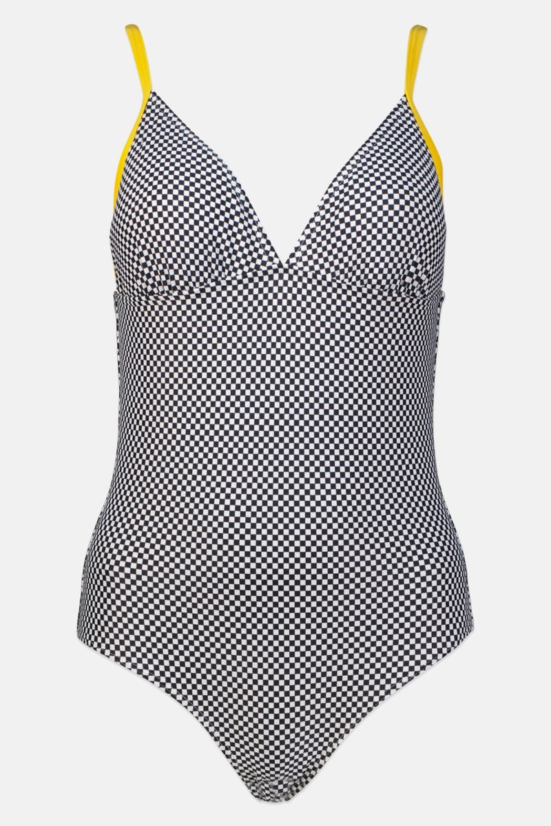arena Women Padded Checkered One Piece Swimwear, Black - Image 1