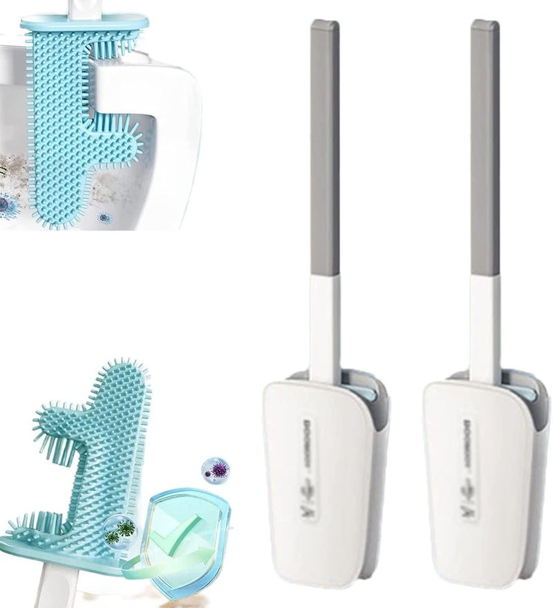 woobles 2PCS Wall Hung Toilet Brush No Dead Corner Cactus Toilet Brush, Silicone Flex Toilet Brush with Holder Set, Wall Mounted Long Handle Soft Silicone Flex Toilet Cleaning Brush (White) White - Image 1