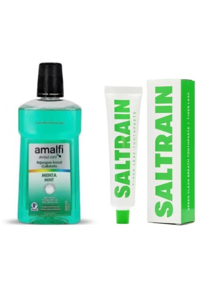 سالترين  معجون أسنان سالتراين تايجر ليف 100 غرام مع غسول فم بنكهة نعناع أمالفي 500 مل - مجموعة العناية بالفم (قطعتان) - Image 1