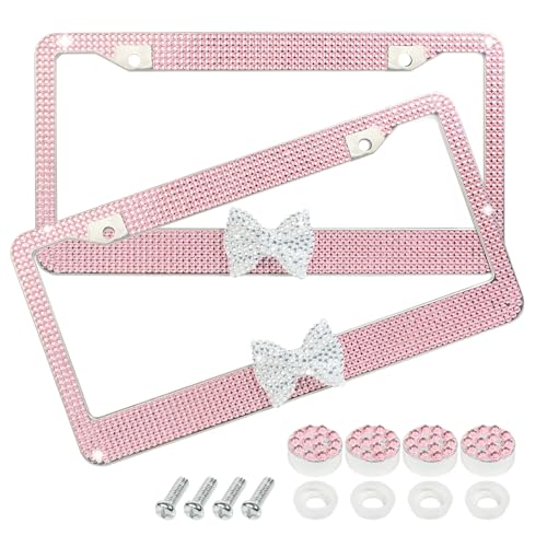 bylikeho License Plate Frame,Cute Car Accessories Stainless Steel Crystal Car Plate Covers,Shiny Rhinestones Premium License Plate Holder with Mounting Bolts,License Plate Frames (White&Pink) - Image 1