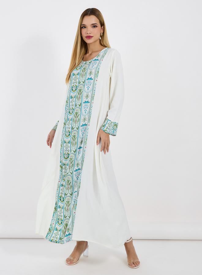Styli Embroidered Panel Round Neck Jalabiya - Image 1