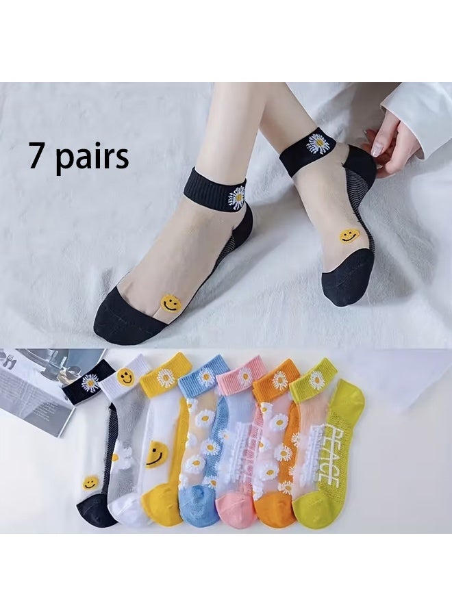 Zeemey 7 Pairs Set of Women's Daisy Mesh Invisible Boat Socks - Fresh and Breathable Short Socks - Image 1