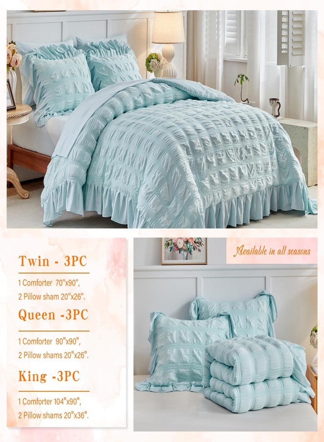 Tititada Blue Plaid Seersucker Comforter Set with Ruffled Fringe Twin Size, 3 Pieces Soft Fluffy Farmhouse Bedding Set for All Season, Twin Bed Set with Ruffle Shams (Blue, Twin) - Image 5