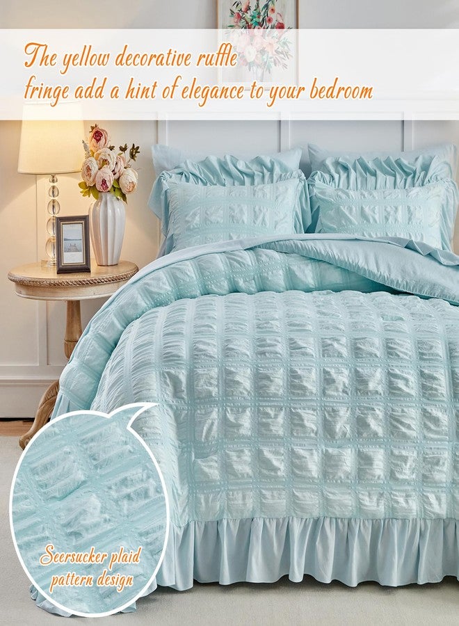 Tititada Blue Plaid Seersucker Comforter Set with Ruffled Fringe Twin Size, 3 Pieces Soft Fluffy Farmhouse Bedding Set for All Season, Twin Bed Set with Ruffle Shams (Blue, Twin) - Image 3