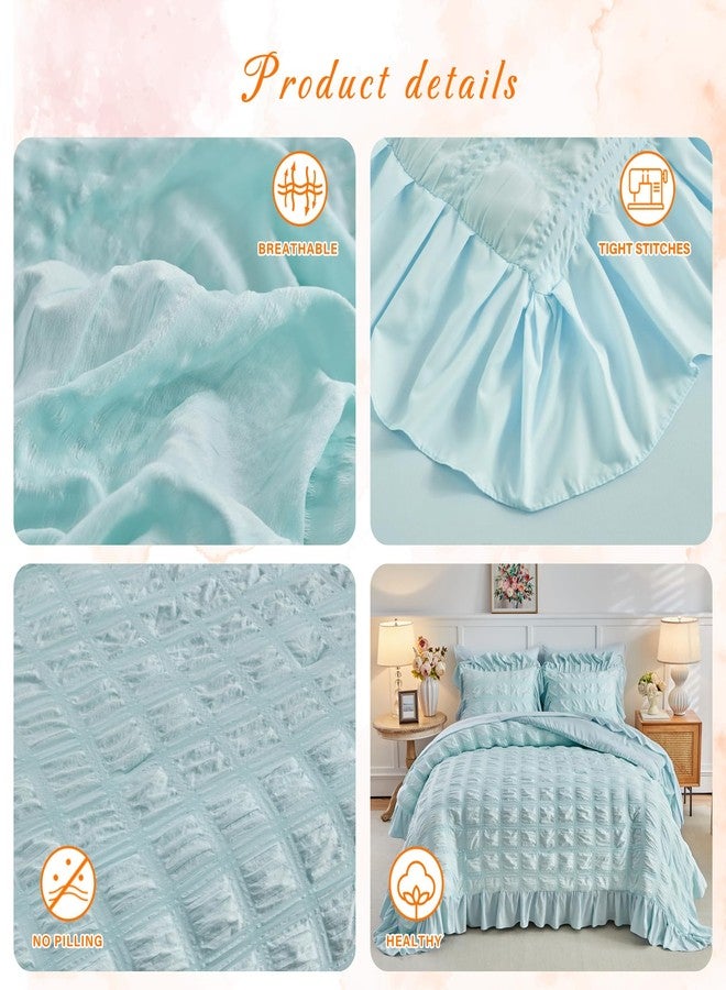 Tititada Blue Plaid Seersucker Comforter Set with Ruffled Fringe Twin Size, 3 Pieces Soft Fluffy Farmhouse Bedding Set for All Season, Twin Bed Set with Ruffle Shams (Blue, Twin) - Image 4