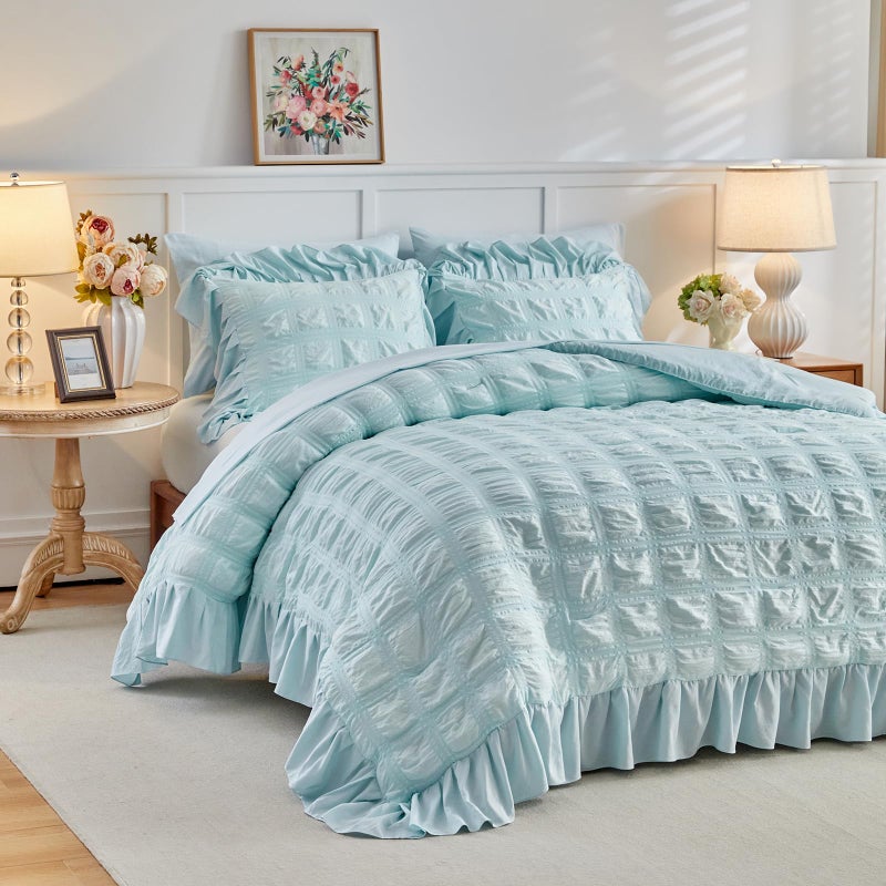 Tititada Blue Plaid Seersucker Comforter Set with Ruffled Fringe Twin Size, 3 Pieces Soft Fluffy Farmhouse Bedding Set for All Season, Twin Bed Set with Ruffle Shams (Blue, Twin) - Image 1