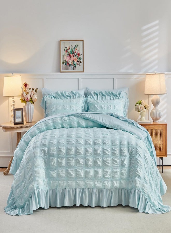 Tititada Blue Plaid Seersucker Comforter Set with Ruffled Fringe Twin Size, 3 Pieces Soft Fluffy Farmhouse Bedding Set for All Season, Twin Bed Set with Ruffle Shams (Blue, Twin) - Image 2