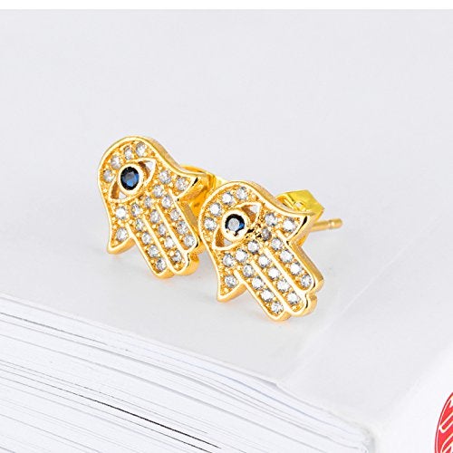 HQLA Yellow Gold/White Gold Plated Evil Eye and Hamsa Hand of Fatima White Blue Cubic zircon crystal Stud Earrings For Women (Yellow Gold) - Image 3