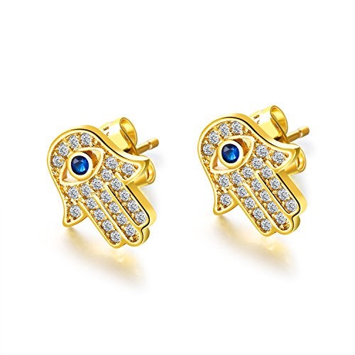 HQLA Yellow Gold/White Gold Plated Evil Eye and Hamsa Hand of Fatima White Blue Cubic zircon crystal Stud Earrings For Women (Yellow Gold) - Image 1
