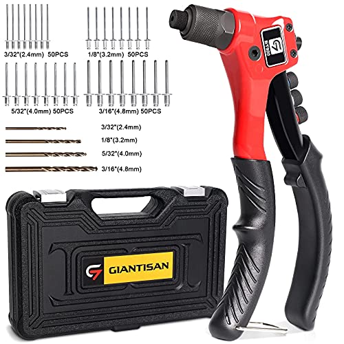 GIANTISAN Rivet Gun GIANTISAN Pop Rivet Tool Kit with 200 Rivets and 4 Drill Bits Manual Hand Riveter Kit with Rugged Carrying Case - Image 1