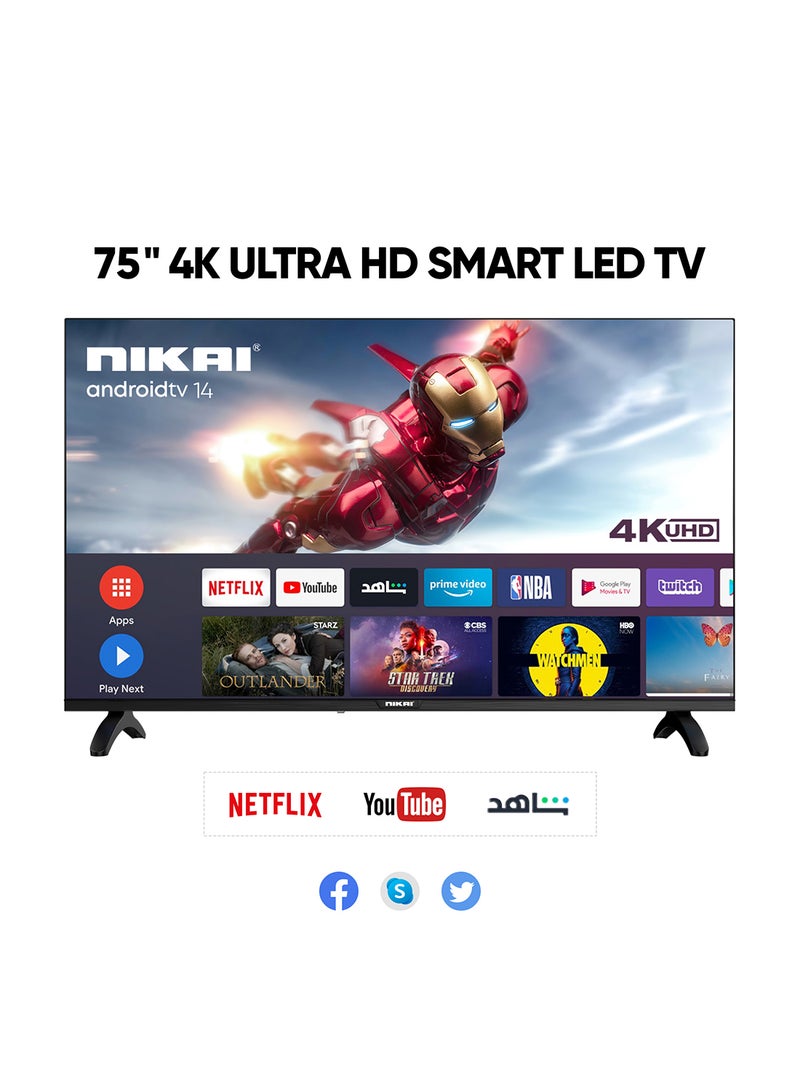 NIKAI 75 Inch Smart LED TV, Frameless Design, Built-In Wi-Fi, Smart Apps Shahid, YouTube, Netflix, Amazon, HDMI And USB Connectivity, Quad-Core, 1GB RAM, 8 GB Memory, Auto Power Off UHD75SLEDK/UHD75SLED/UHD75SLED5 Silver - Image 1