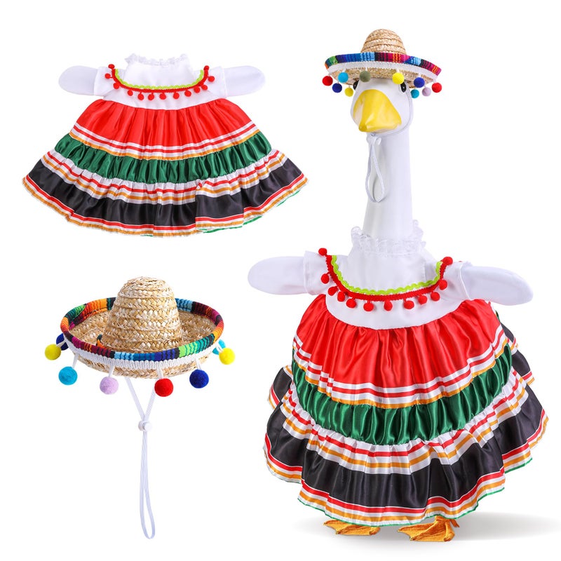 Watayo 2 Pcs/Set Mexican Porch Goose Outfits, Lawn Goose Clothing Costume for Cinco De Mayo, Garden Goose Clothes Striped Dress Mexican Sombrero for 23" High Statue Outdoor Patio Yard Decor (A Style) - Image 1